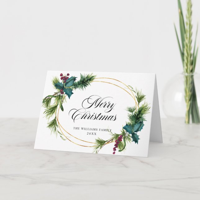 Tarjeta Festiva Elegante Navidades de Pine Fir Holly Berry saludo (Anverso)