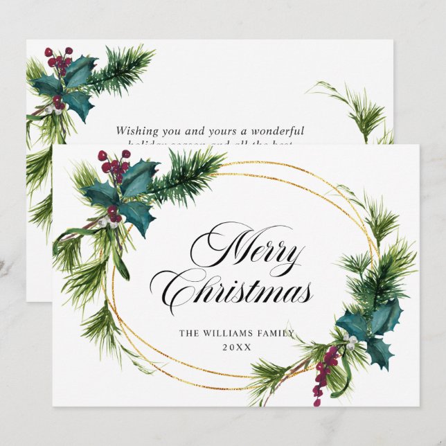 Tarjeta Festiva Elegante Navidades de Pine Fir Holly Berry saludo (Anverso / Reverso)