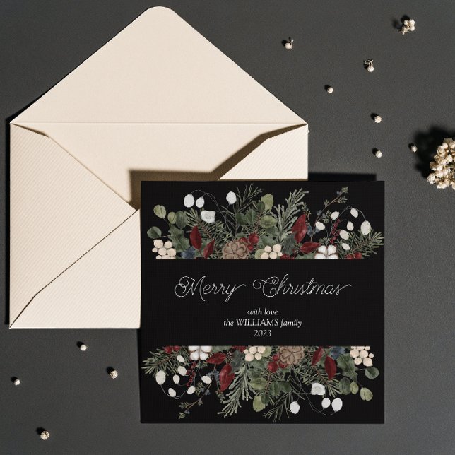 Tarjeta Festiva Elegante Navidades de tipografía botánica de moras (Embrace the holiday spirit with a personalized card for your loved ones!)