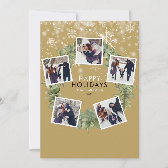 Tarjeta Festiva Elegante Navidades de Wreath Gold 5 Photo Greenery (Anverso)