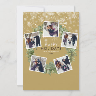 Tarjeta Festiva Elegante Navidades de Wreath Gold 5 Photo Greenery