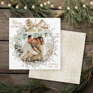 Tarjeta Festiva Elegante Navidades de Wreath Gold Bow Watercolor W