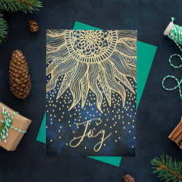 Tarjeta Festiva Elegante Navidades del Joy Blue Gold Boho Sun Mand