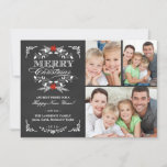 Tarjeta Festiva Elegante Navidades Holly Chalkboard de 3 Collages<br><div class="desc">Estilo vintage de pizarra con tarjeta de felicitación de ferias navideñas con plantilla de foto. Elegante diseño en blanco y negro con una hermosa corona hueca de poinsettia roja, marco retro festivo y tipografía decorativa de estilo de letterpress en pizarra gris de fondo de pizarra. Añade tus tres fotos familiares...</div>