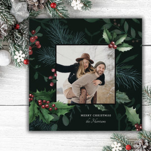Tarjeta Festiva Elegante Navidades Holly Foto Botánica Verde Oscur