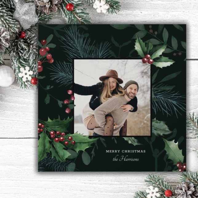 Tarjeta Festiva Elegante Navidades Holly Foto Botánica Verde Oscur (Subido por el creador)