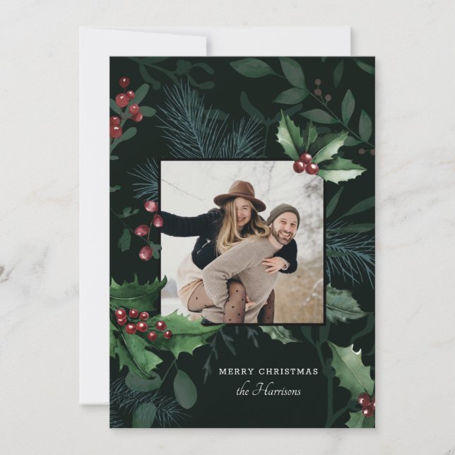 Tarjeta Festiva Elegante Navidades Holly Foto Botánica Verde Oscur (Anverso)