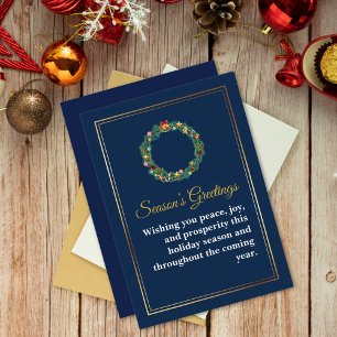 Tarjeta Festiva Elegante Navy Blue Gold Frame Wreath Professional