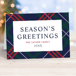 Tarjeta Festiva Elegante Navy Blue Tartan Plaid Seasons Greetings