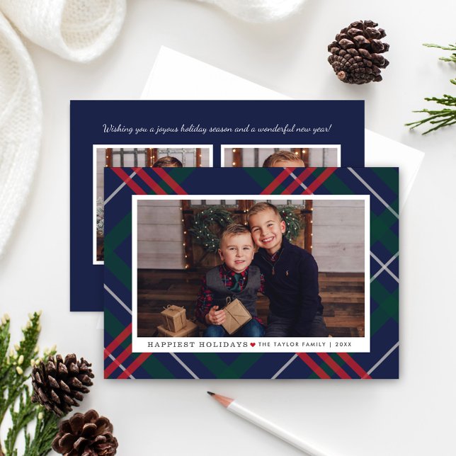 Tarjeta Festiva Elegante Navy Red Green Tartán Plaid Multi Photo (Subido por el creador)