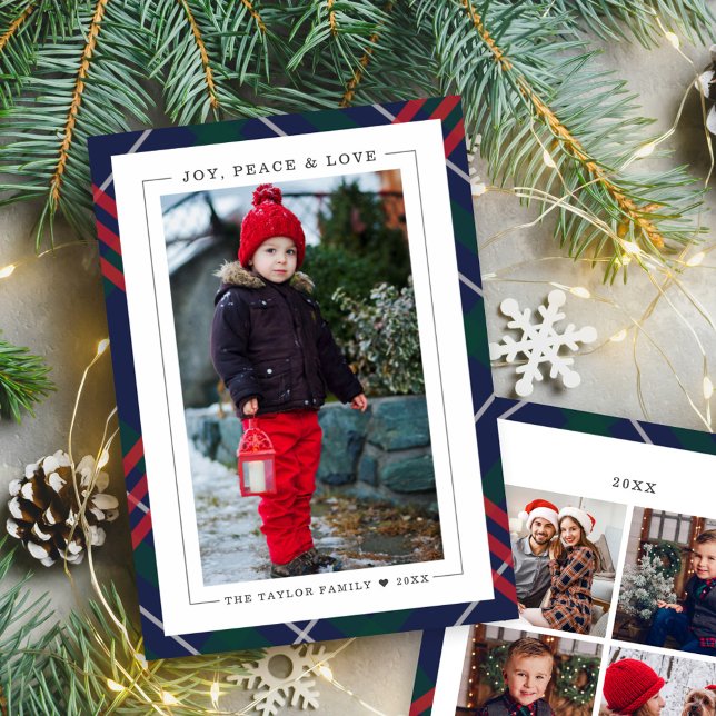 Tarjeta Festiva Elegante Navy Red Green Tartán Plaid Multi Photo (Subido por el creador)
