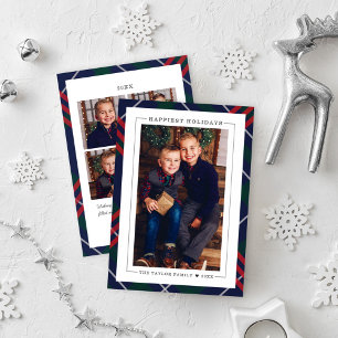 Tarjeta Festiva Elegante Navy Red Green Tartán Plaid Multi Photo