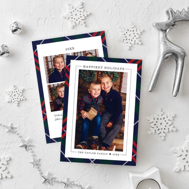 Tarjeta Festiva Elegante Navy Red Green Tartán Plaid Multi Photo (Subido por el creador)