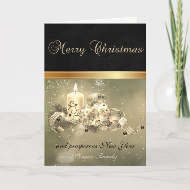 Tarjeta Festiva Elegante negro, Branch Balls Candle Holiday (Anverso)