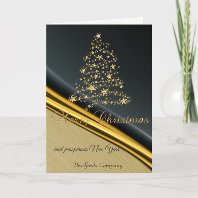 Tarjeta Festiva Elegante negro, falso oro árbol de Navidad, empres (Anverso)