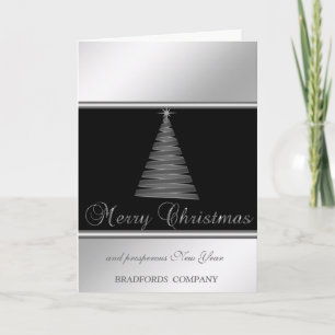 Tarjeta Festiva Elegante negro, plata, árbol de Navidad, compañía