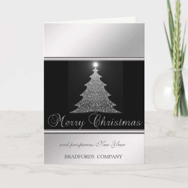 Tarjeta Festiva Elegante negro, plata, árbol de Navidad, compañía (Anverso)
