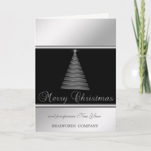 Tarjeta Festiva Elegante Negro, Plata, Árbol de Navidad, Empresa