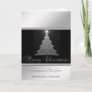 Tarjeta Festiva Elegante Negro, Plata, Árbol de Navidad, Empresa