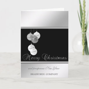Tarjeta Festiva Elegante Negro, Plata, Bolas de Navidad, Empresa