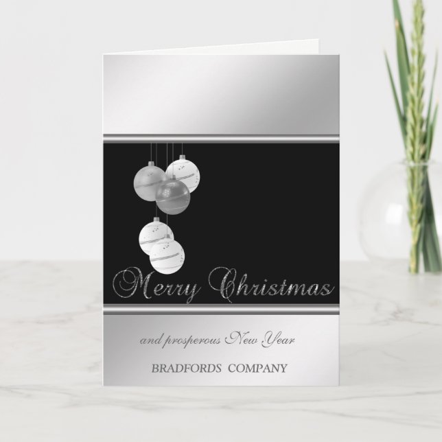 Tarjeta Festiva Elegante negro, plateado, bolas de Navidades, comp (Anverso)