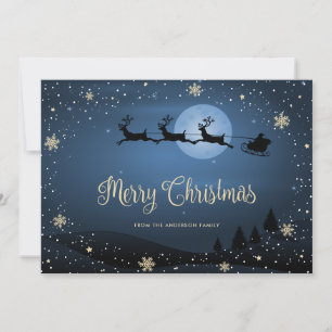 Tarjeta Festiva Elegante Nieve azul copas de nieve Santa Feliz Nav
