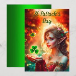 Tarjeta Festiva Elegante niña elfa día de San Patricio floral sol