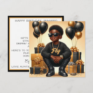 Tarjeta Festiva Elegante niño afroamericano negro/dorado cumpleaño