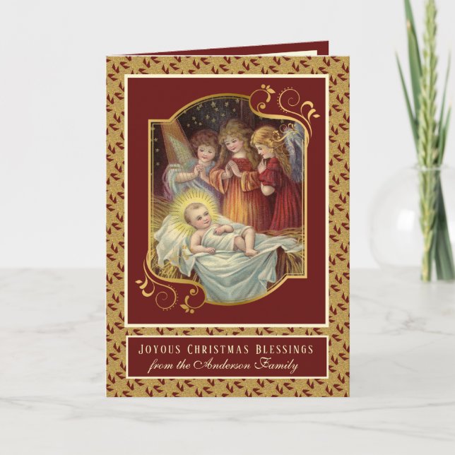 Tarjeta Festiva Elegante niño religioso Jesús Navidades ángeles (Anverso)