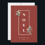 Tarjeta Festiva Elegante NOEL Gold Winter Frame Photo Red<br><div class="desc">Elegante marco falso dorado pálido adornado con ramas de bayas de invierno sobre festivos orígenes rústicos de color rojo. Características de diseño, estilo en negrita enmarcado NOEL, líneas de texto de plantilla para nombres, año y mensaje con espacio fotográfico de marcos dorados pálidos de una sola ronda en la parte...</div>