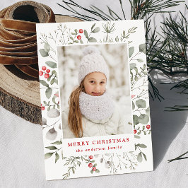 Tarjeta Festiva Elegante oliage de invierno y foto de Holly Berrie