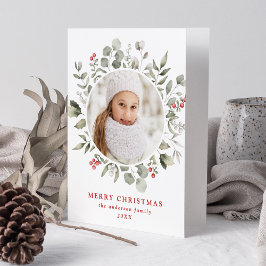 Tarjeta Festiva Elegante oliage de invierno y foto de Holly Berrie