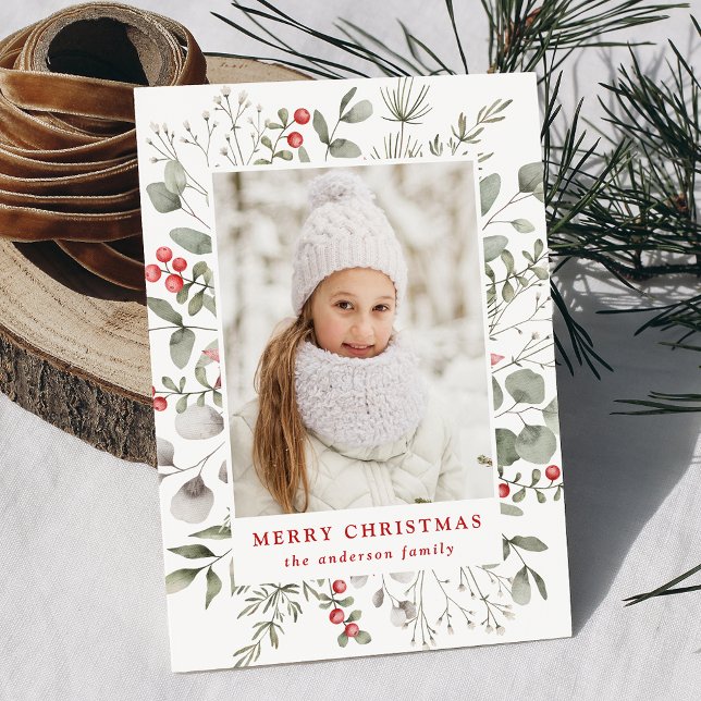 Tarjeta Festiva Elegante oliage de invierno y foto de Holly Berrie (Subido por el creador)