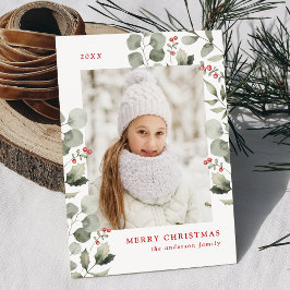 Tarjeta Festiva Elegante oliage de invierno y foto de Holly Berrie