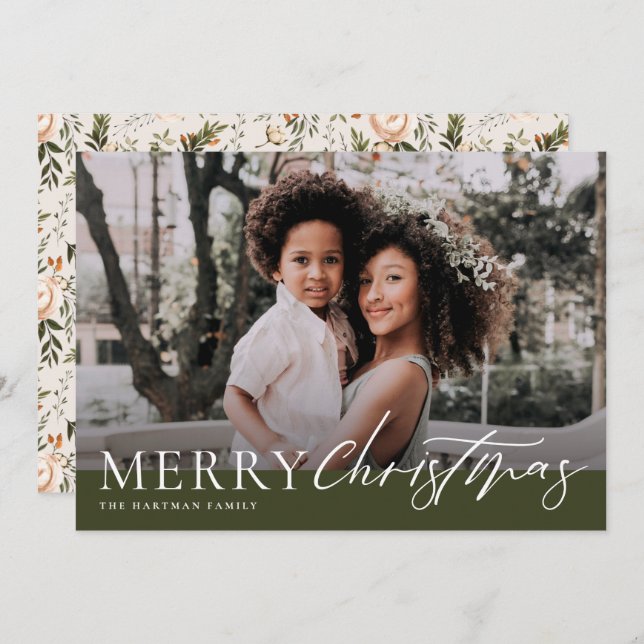 Tarjeta Festiva Elegante Olive Green Merry Christmas Floral Photo (Anverso / Reverso)