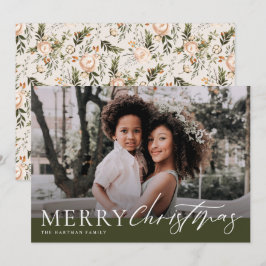 Tarjeta Festiva Elegante Olive Green Merry Christmas Floral Photo