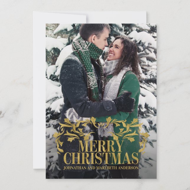 Tarjeta Festiva Elegante Ornate Gold Merry Christmas Photo Card (Anverso)