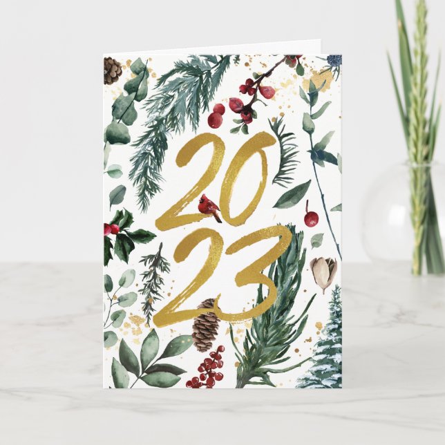 Tarjeta Festiva Elegante Oro 2023 Vegetación Pino Verde Rojo Flora (Anverso)