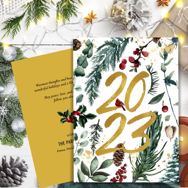 Tarjeta Festiva Elegante Oro 2023 Vegetación Pino Verde Rojo Flora (Subido por el creador)