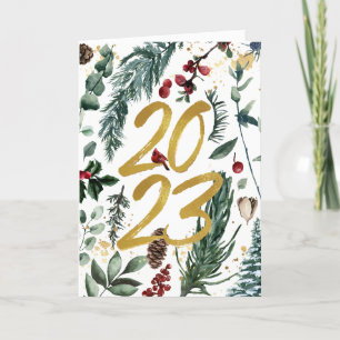 Tarjeta Festiva Elegante Oro 2023 Vegetación Pino Verde Rojo Flora