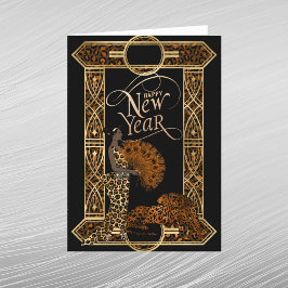 Tarjeta Festiva Elegante Oro Cobre Leopardo Dama Art Deco Año Nuev