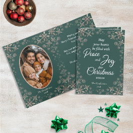 Tarjeta Festiva Elegante Oro Copos de Nieve Paz Alegría Foto Verde