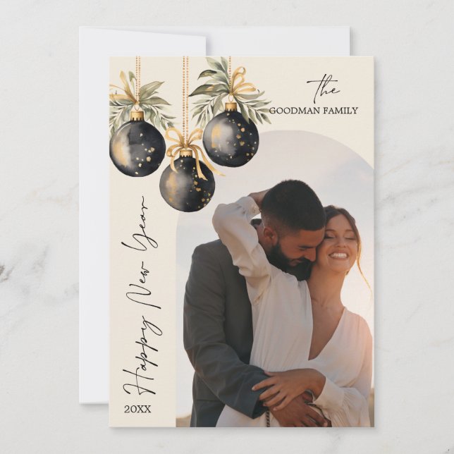 Tarjeta Festiva Elegante Oro Negro Ornamentos Arco Foto AÑO NUEVO (Anverso)