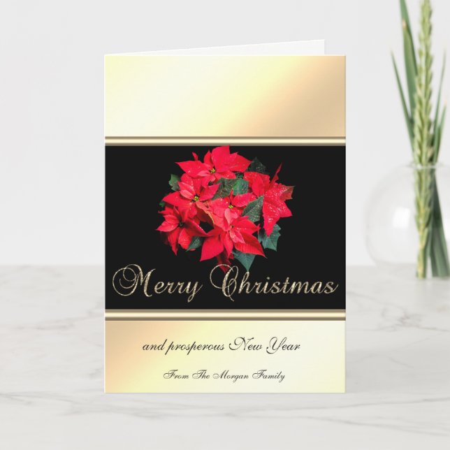 Tarjeta Festiva Elegante oro, negro, poinsettia -Personalizado (Anverso)