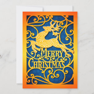 Tarjeta Festiva Elegante oro y reno azul "Feliz Navidad"