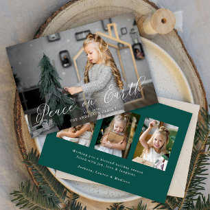 Tarjeta Festiva Elegante Paz en la Tierra Script Abeto Verde 4 Fot