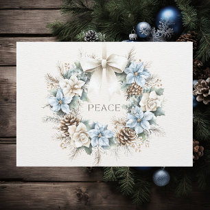 Tarjeta Festiva Elegante PEACE Blue Floral Pinecones Wreath de inv
