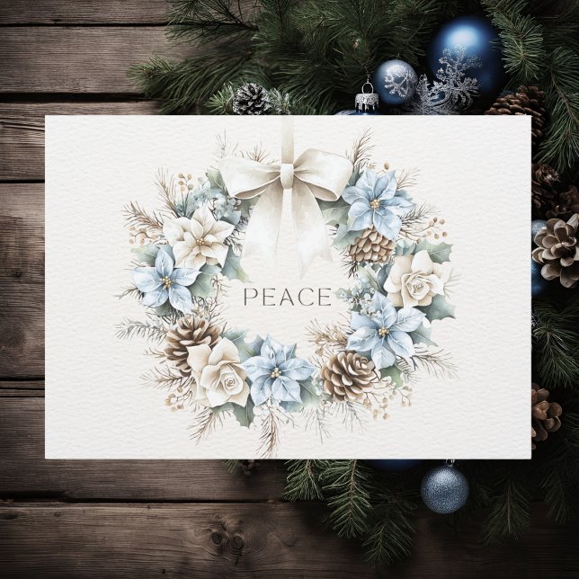 Tarjeta Festiva Elegante PEACE Blue Floral Pinecones Wreath de inv (Subido por el creador)