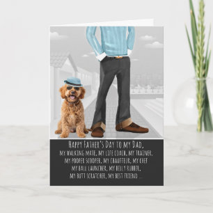 Tarjeta Festiva Elegante perro Labradoodle y papá divertido Día de
