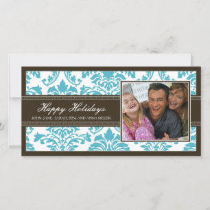 Tarjeta Festiva Elegante Personalizado Brown & Aqua Damask Felices
